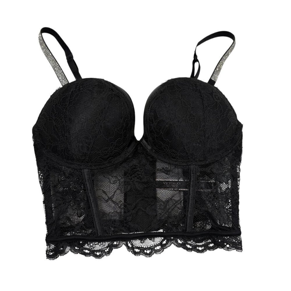Victoria's Secret Black Lace Very Sexy Pushup Bra with Rhinestone Straps 32D